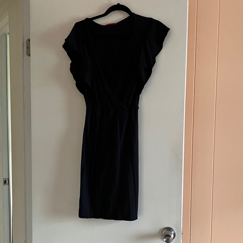 Velvet Black Midi Wrap Dress with Flutter Sleeves